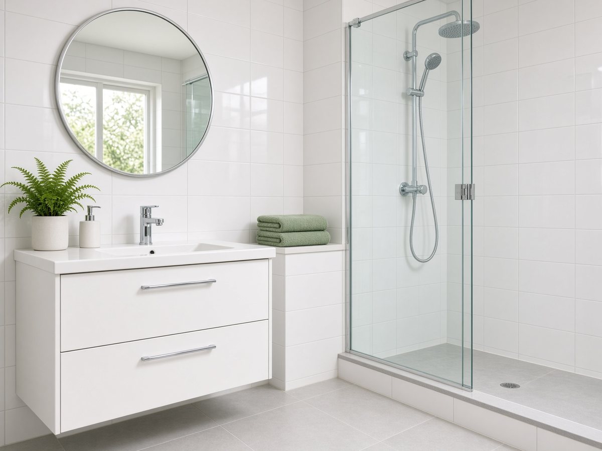 The same bathroom after a deep clean, tiles and glass sparkling