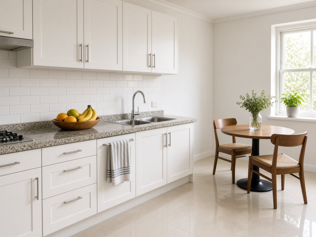 The same kitchen after a standard house clean, counters and sink gleaming