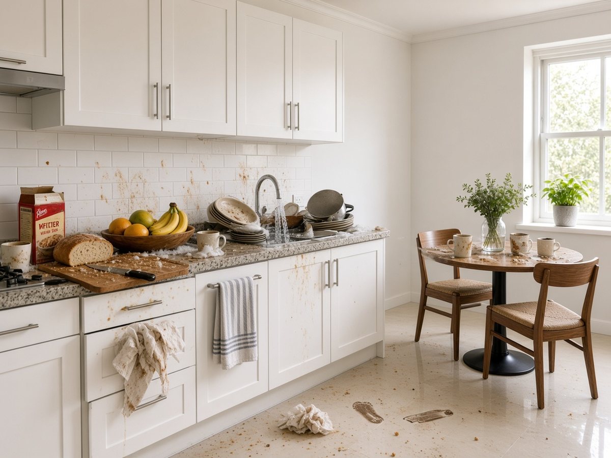 Kitchen with dirty dishes, crumbs, and an unmopped floor