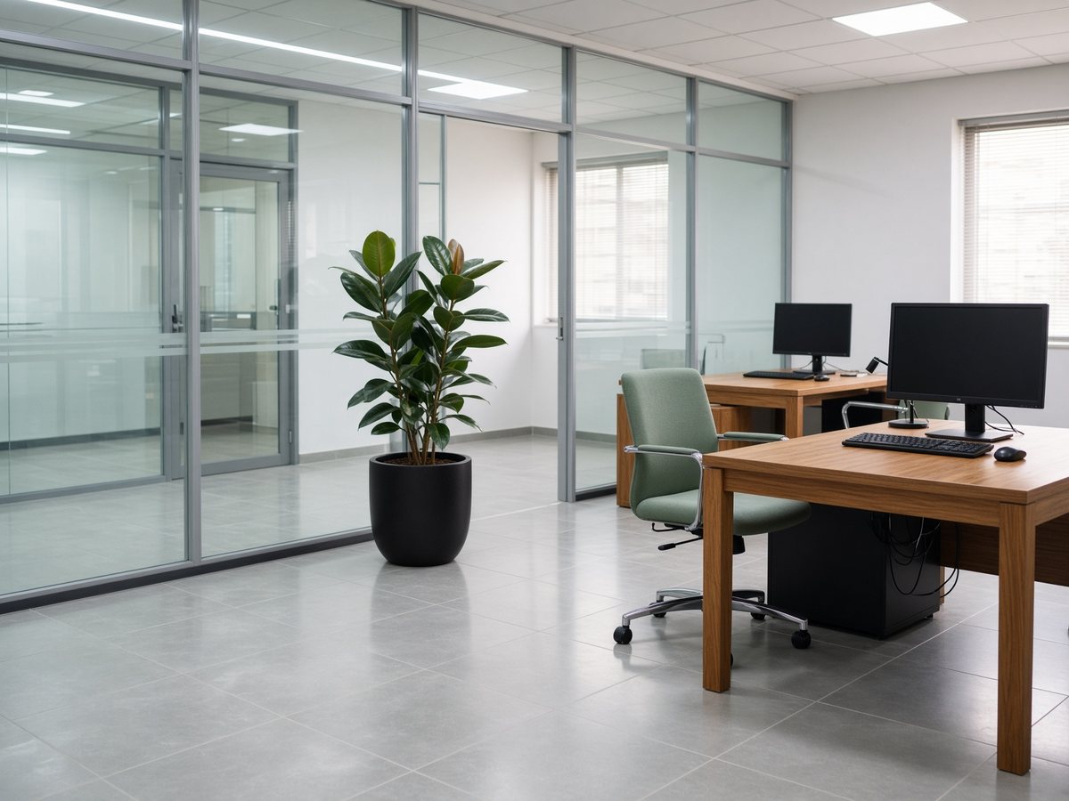 The same office after commercial cleaning, desks and glass spotless