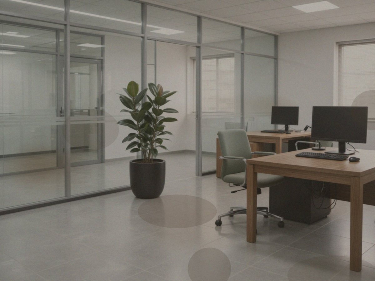 Nairobi office with dusty desks and fingerprints on glass before cleaning