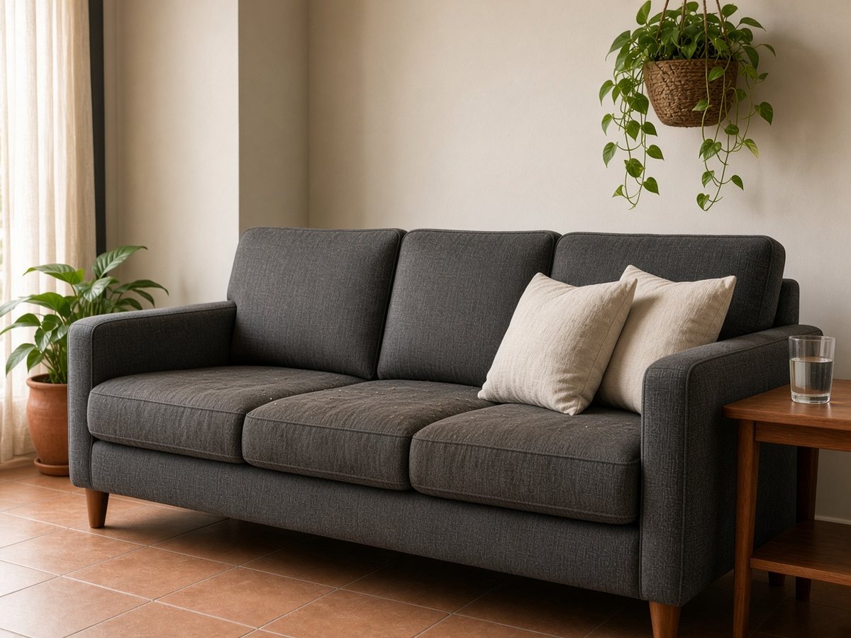 Charcoal sofa with stains and flattened cushions before cleaning